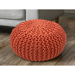 Pouf de diamètre 55 cm (Orange rouge) - Tabouret/coussin de sol en tricot - Aspect tricot grossier hauteur extra haute 37 cm