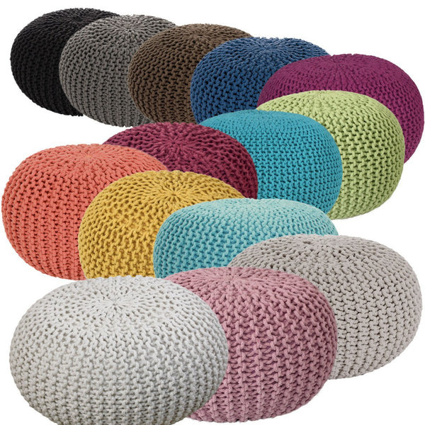 Pouf de diamètre 55 cm (vert gazon) - Tabouret/coussin de sol en tricot - Aspect tricot grossier hauteur extra haute 37 cm