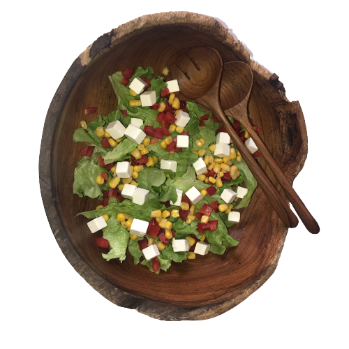 Service à salade en bois de teck - composé d'un bol d'env. 30 cm de diamètre et 10 cm de haut ainsi que des couverts à salade